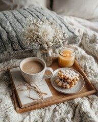 Cozy Breakfast Scene with Coffee, Flowers, and Sweet Treats