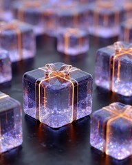 Magical Glowing Gift Boxes with Ribbon on Dark Background