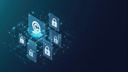 Isometric digital representation of email security, locks, and connected data points against dark blue