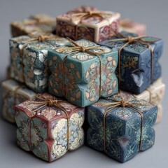Decorative Gift Boxes with Floral Patterns and Twine on Gray Background