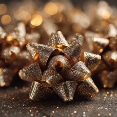 Glittering Golden Gift Bow with Shimmering Bokeh Background