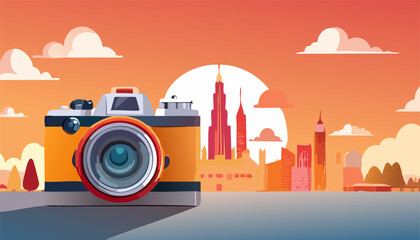 Urban Photography and City Travel Concept with Retro Camera at Sunset Skyline - Generated by AI