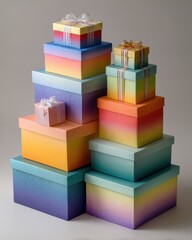 Colorful Stacked Gift Boxes with Gradient Patterns and Ribbons