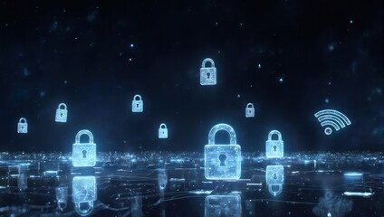 Digital illustration of glowing padlocks and a wifi symbol over an abstract, data-like ground