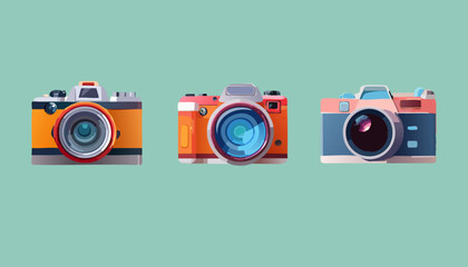 Collection of Three Retro Vintage Cameras in Various Colors Illustration - Generated by AI