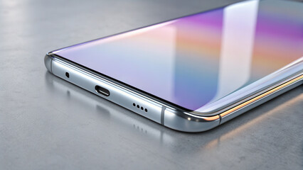 Sleek modern smartphone with iridescent screen reflections on a metallic surface