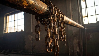 A rusted chain hangs from a pipe in a dilapidated industrial space