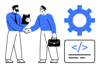 Two professionals shaking hands in collaboration, paired with a gear and coding interface. Ideal for teamwork, partnership, business, technology, coding, collaboration efficiency. Simple flat