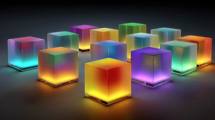Colorful Glowing Cubes in Dark Space with Vibrant Light Effects