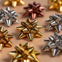 Colorful Gift Bows in Gold, Silver, and Bronze on Soft Background