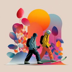 Colorful Illustration of Two People Skiing in a Vibrant Landscape