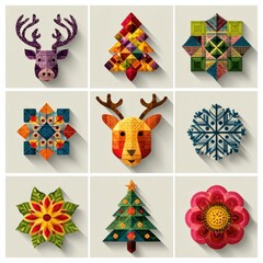 Colorful Geometric Winter Designs Featuring Deer, Snowflakes, and Flowers