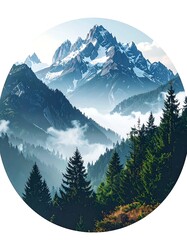 A scenic circular vista of majestic, snow-capped peaks and misty valleys