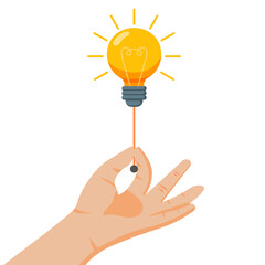 Flat Vector Illustration Hand Turning On Light Bulb