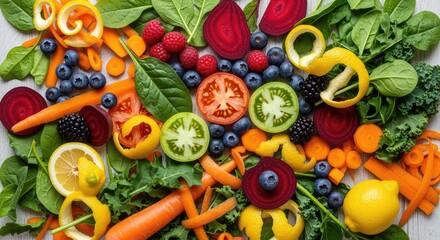 Vibrant assortment of fresh berries, citrus, vegetables, and leafy greens for healthy eating