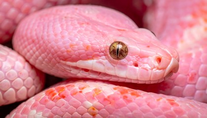 A vibrant pink snake, its head and eye details sharply focused