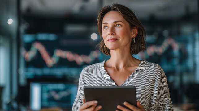 European Businesswoman CEO Using Fintech Tablet App in Modern Office with Market Charts