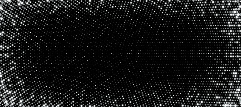 Silver halftone background, abstract glittering dots backdrop, disco texture design, shiny confetti banner. Vector illustration.