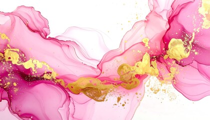 Abstract artwork with flowing pink and gold inks on a white background