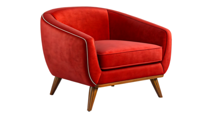 Modern red armchair with wooden legs and soft upholstery isolated on background
