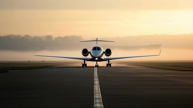 Private jet preparing for takeoff at sunrise on an airport runway in foggy weather