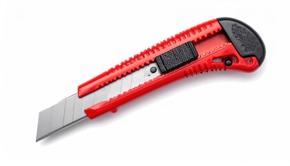 Red Utility Knife with Serrated Blade Isolated on White Background Professional Studio Lighting Sharp Cutting Tool for Crafts and Construction