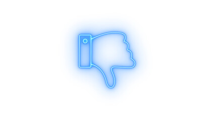 Neon outline thumbs down icon symbolizing dislike and negative feedback on an irregular blue blob shape, modern digital graphic isolated on transparent background
