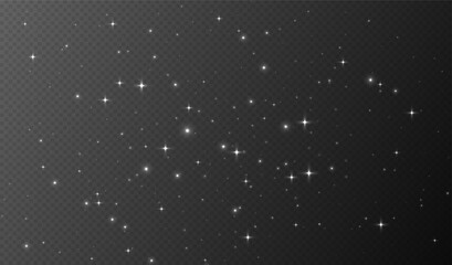 White sparkling stars, shiny particles light effect, transparent flying stardust texture, abstract twinkle Christmas decoration. Vector illustration.