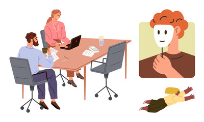 Professionals sitting at a desk discussing ideas. A man holds a mask a figure flies. Ideal for identity, transparency, creativity, communication, teamwork, imagination balance. Simple flat metaphor