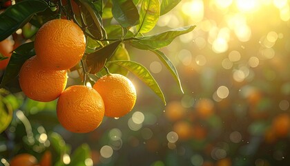Ripe Oranges Glow Under Warm Sunlight in an Orchard with Golden Bokeh Effects