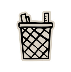 Pen and pencil holder desk stationery scrapbook doodle sticker icon: hand drawn illustration of office organization, school supplies, and minimal study design
