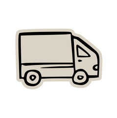 Delivery van truck transport vehicle scrapbook doodle sticker icon: hand drawn illustration of logistics shipping, express service, and minimal commerce design
