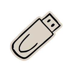 USB flash drive portable data storage scrapbook doodle sticker icon: hand drawn illustration of computer memory, file transfer, and minimal technology design