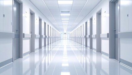 Clean and empty modern office corridor with glass wall and light streaming down the hallway