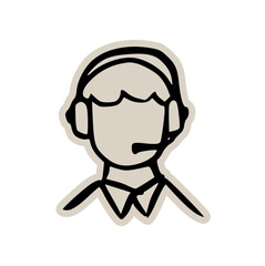 Customer service agent headset scrapbook doodle sticker icon: hand drawn illustration of call center support, online help, and minimal communication design
