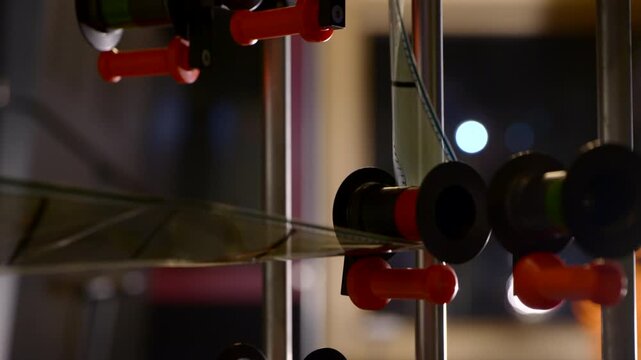 Medium shot of hands threading 70mm IMAX film through rollers.