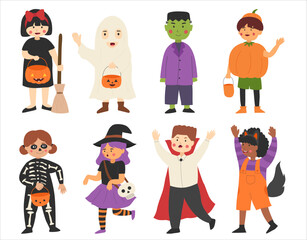 Collection of kids wearing various halloween costume illustration
