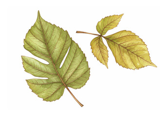 Green and Yellow Autumn Leaves Botanical Watercolor Illustration