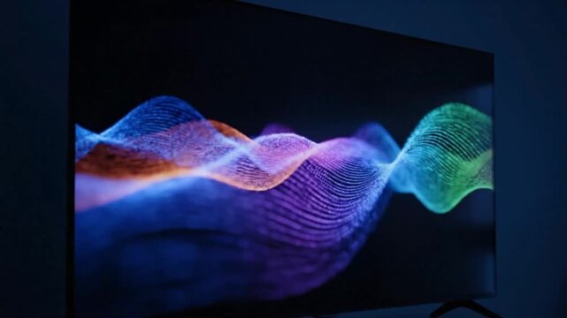 Cinematic Slow Pan of Modern Flat-Screen TV with Abstract Colorful Light Waves