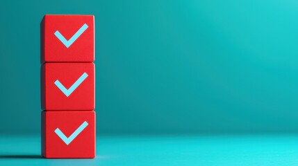 Three red blocks with blue checkmarks stacked on top of each other against a turquoise background, symbolizing completion or success.