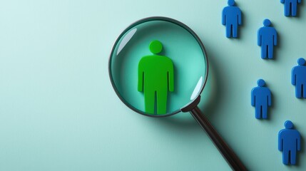 A magnifying glass focuses on a green figure among blue figures, symbolizing analysis or attention to detail in a demographic context.