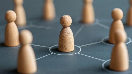 A wooden figure stands out among other figures, symbolizing connection and individuality within a network.