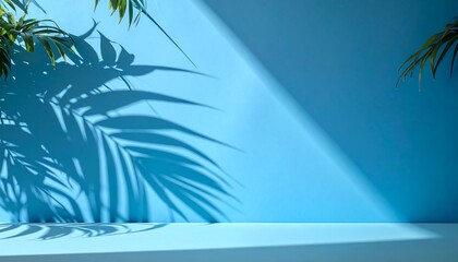 Blue backdrop with palm shadows, creating a tranquil and natural vibe