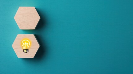 A minimalist design featuring hexagonal wooden shapes, one with a light bulb icon, set against a vibrant teal background.