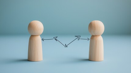 Two wooden figures facing each other, connected by arrows, symbolizing communication or interaction in a minimalistic setting.