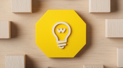 A yellow octagonal shape with a light bulb icon is surrounded by wooden blocks on a tabletop, symbolizing creativity and ideas.
