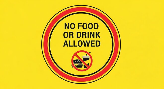 Clear prohibition sign stating no food or drink allowed, essential for maintaining hygiene and order in any professional or public space, ensuring a clean environment for all visitors and staff.