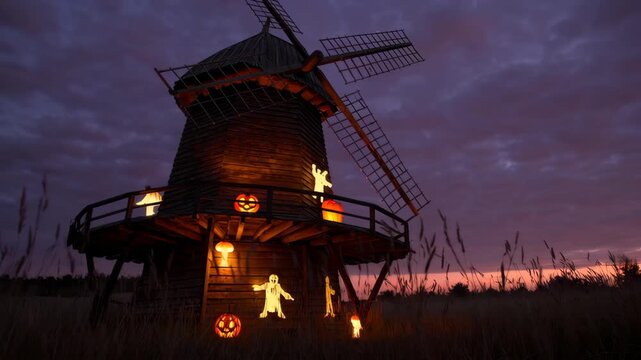 Spooky windmill at night with glowing halloween decorations in the countryside