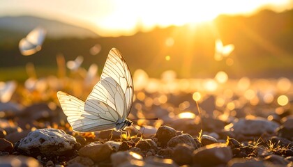 Butterflies in golden sunlight near sunset, close-up on rocky ground