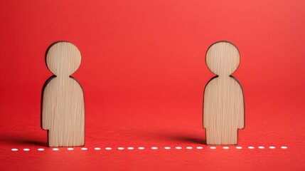 Two wooden figures stand apart on a red background, symbolizing social distancing or separation.